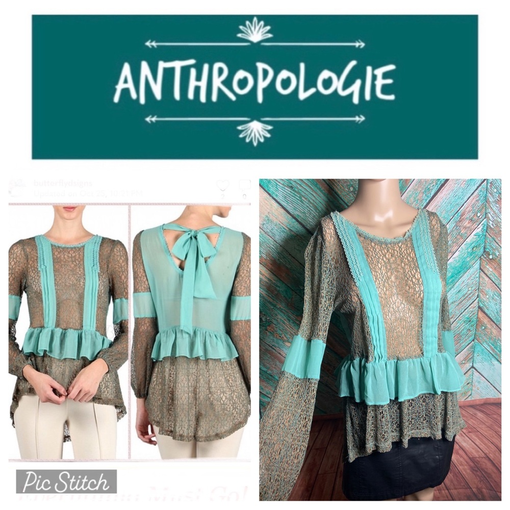 Anthropologie Ryu Touch Of Whimsy Teal Lace See Through Blouse